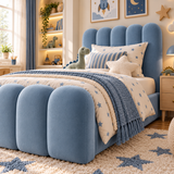Kids Bubble Divan Bed in Plush Velvet Sky Blue with Optional Side Drawers