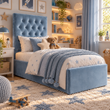 Kids Little Prince Chesterfield Divan Bed in Plush Velvet Sky Blue with Optional Side Drawers