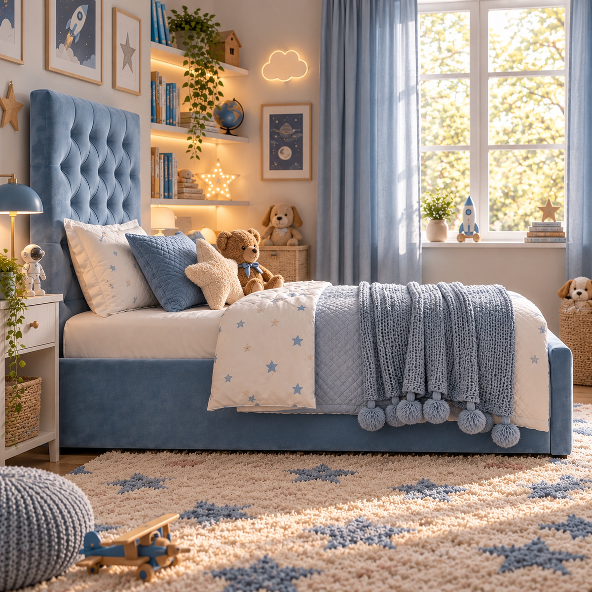 Kids Little Prince Chesterfield Divan Bed in Plush Velvet Sky Blue with Optional Side Drawers