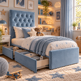 Kids Little Prince Chesterfield Divan Bed in Plush Velvet Sky Blue with Optional Side Drawers