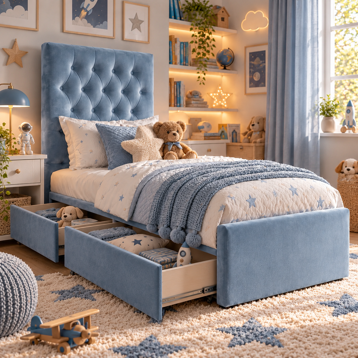 Kids Little Prince Chesterfield Divan Bed in Plush Velvet Sky Blue with Optional Side Drawers