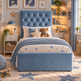 Kids Little Prince Chesterfield Divan Bed in Plush Velvet Sky Blue with Optional Side Drawers