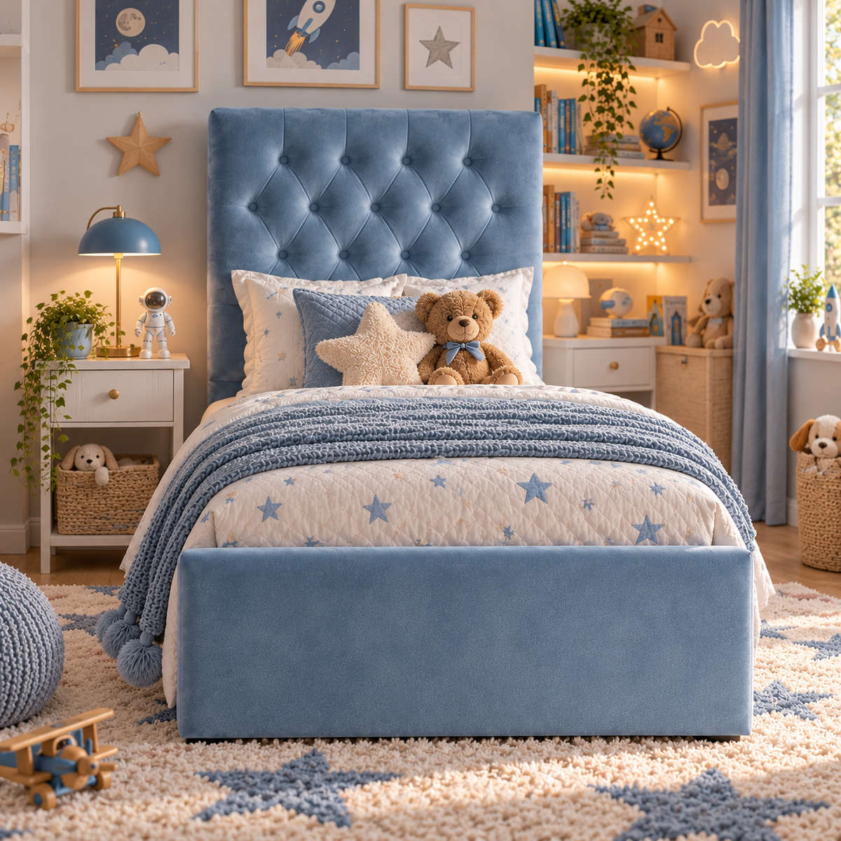 Kids Little Prince Chesterfield Divan Bed in Plush Velvet Sky Blue with Optional Side Drawers