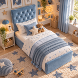 Kids Little Prince Chesterfield Divan Bed in Plush Velvet Sky Blue with Optional Side Drawers