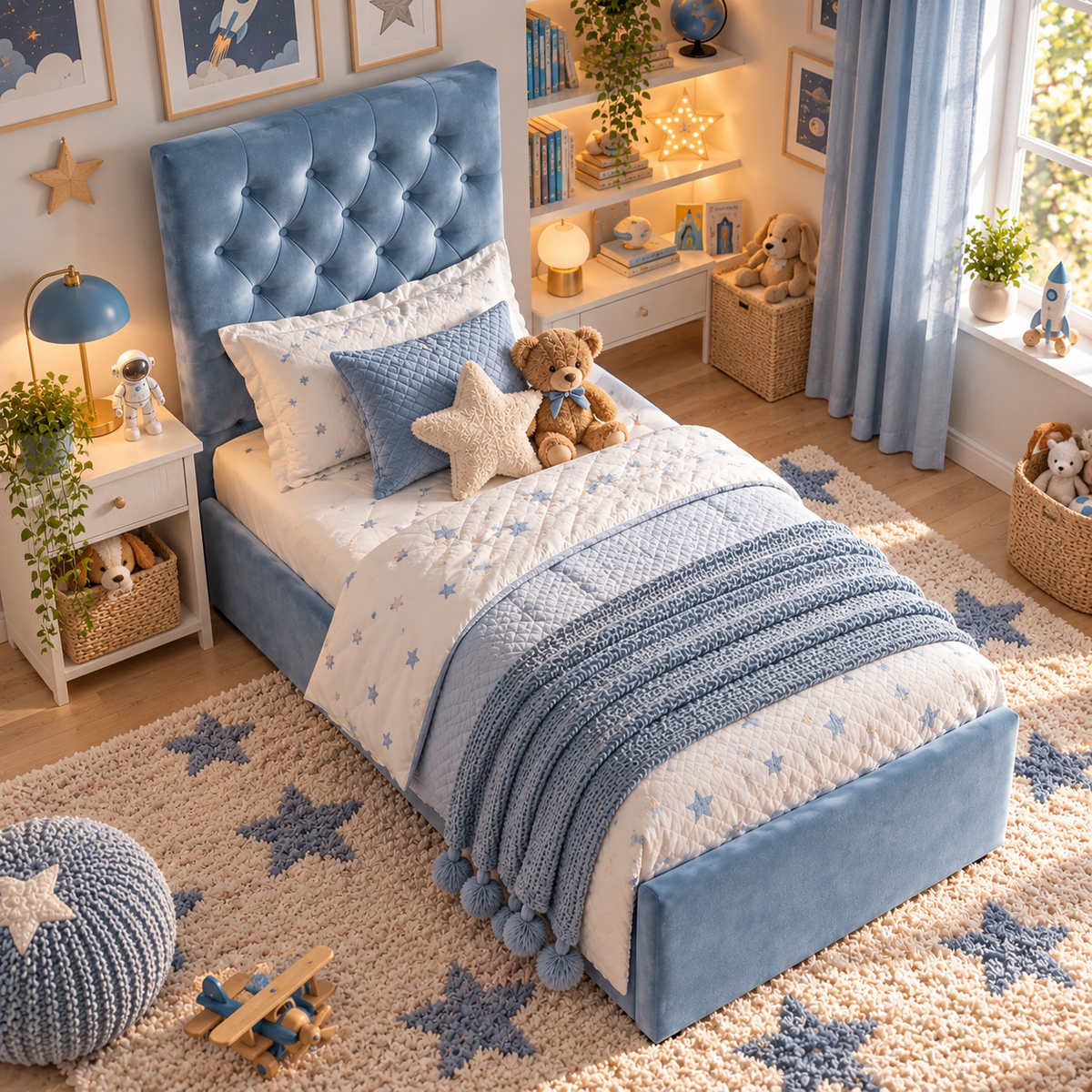 Kids Little Prince Chesterfield Divan Bed in Plush Velvet Sky Blue with Optional Side Drawers