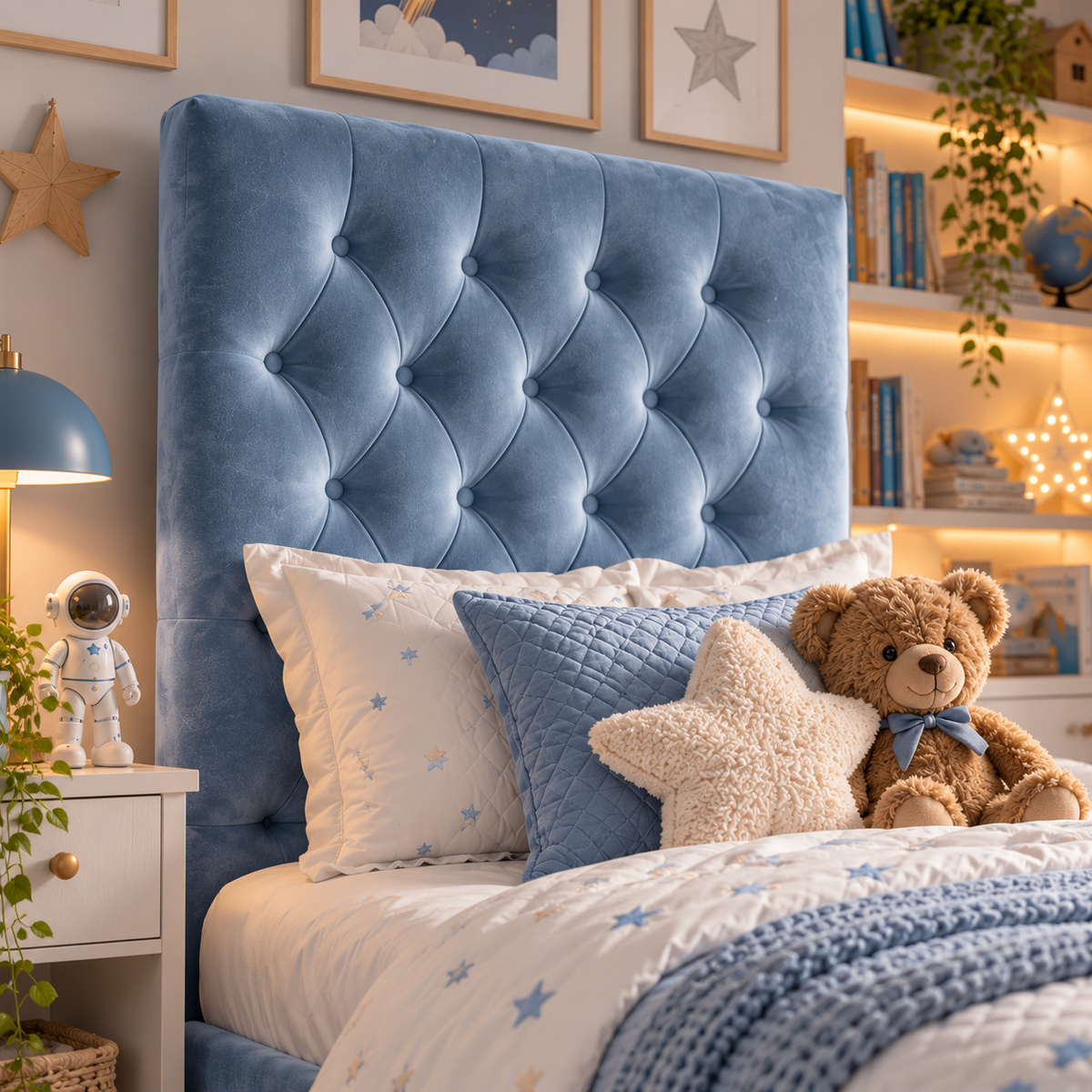 Kids Little Prince Chesterfield Divan Bed in Plush Velvet Sky Blue with Optional Side Drawers