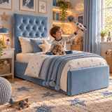 Kids Little Prince Chesterfield Divan Bed in Plush Velvet Sky Blue with Optional Side Drawers