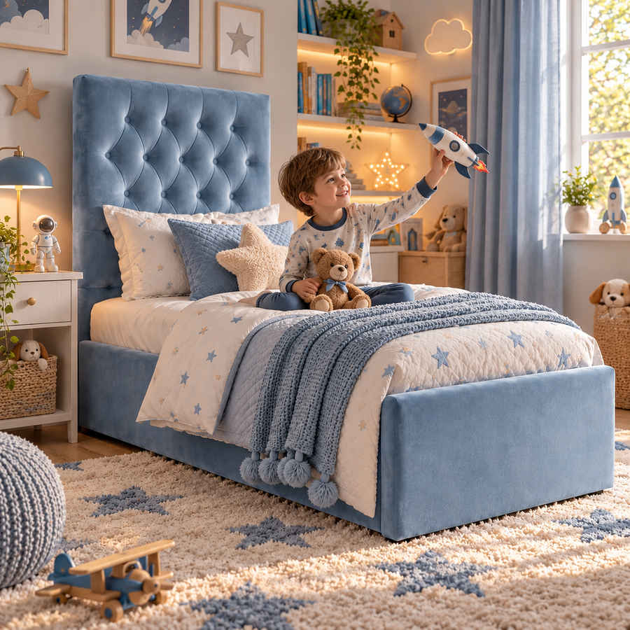 Kids Little Prince Chesterfield Divan Bed in Plush Velvet Sky Blue with Optional Side Drawers