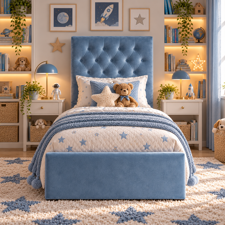 Kids Little Prince Chesterfield Divan Bed in Plush Velvet Sky Blue with Optional Side Drawers
