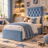 Kids Little Prince Chesterfield Divan Bed in Plush Velvet Sky Blue with Optional Side Drawers