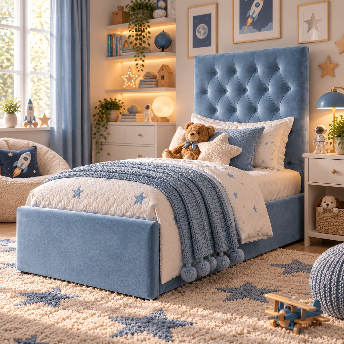 Kids Little Prince Chesterfield Divan Bed in Plush Velvet Sky Blue with Optional Side Drawers