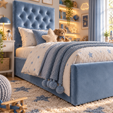 Kids Little Prince Chesterfield Divan Bed in Plush Velvet Sky Blue with Optional Side Drawers
