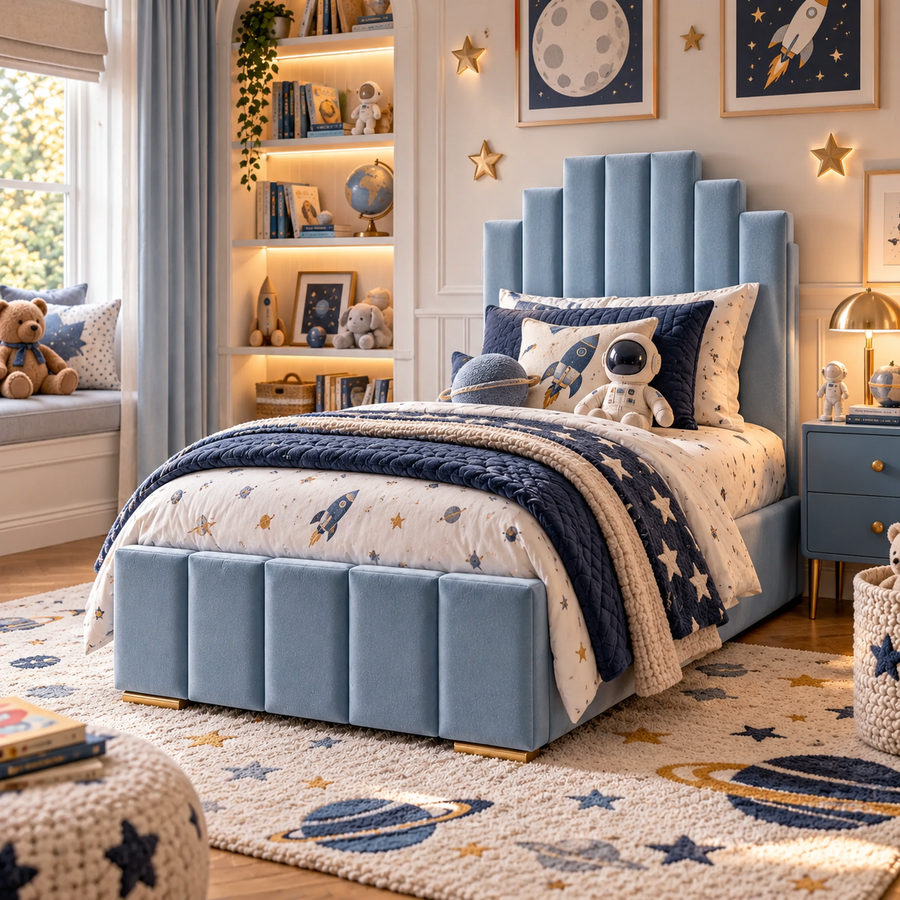 Kids Knight's Castle Divan Bed in Plush Velvet Sky Blue with Optional Side Drawers