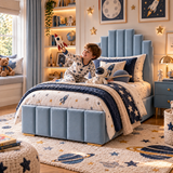 Kids Knight's Castle Divan Bed in Plush Velvet Sky Blue with Optional Side Drawers