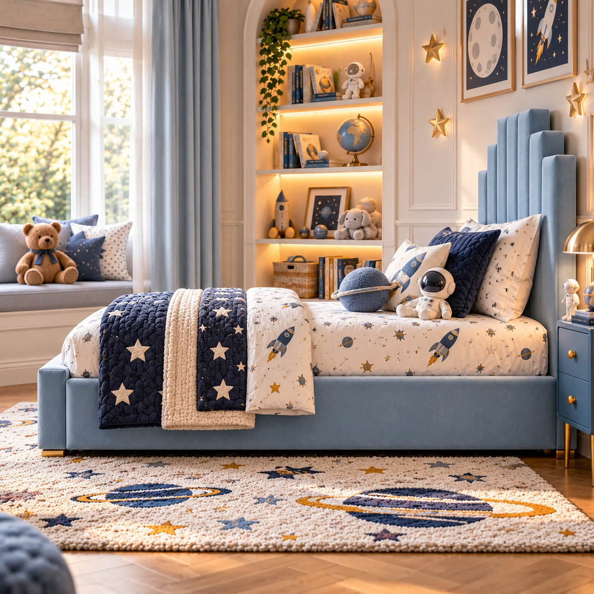 Kids Knight's Castle Divan Bed in Plush Velvet Sky Blue with Optional Side Drawers