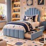 Kids Knight's Castle Divan Bed in Plush Velvet Sky Blue with Optional Side Drawers