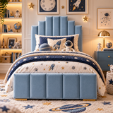 Kids Knight's Castle Divan Bed in Plush Velvet Sky Blue with Optional Side Drawers