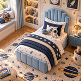 Kids Knight's Castle Divan Bed in Plush Velvet Sky Blue with Optional Side Drawers