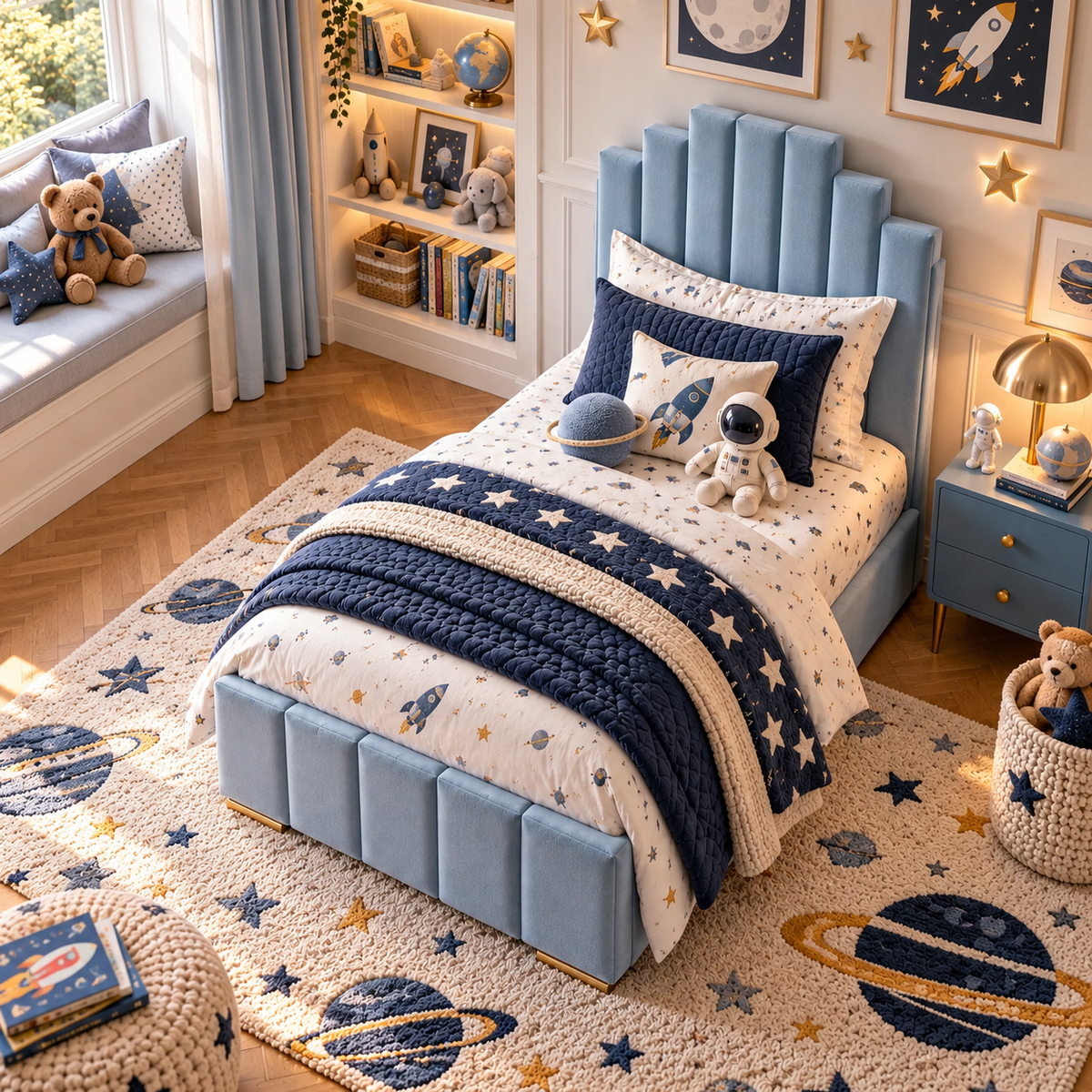 Kids Knight's Castle Divan Bed in Plush Velvet Sky Blue with Optional Side Drawers