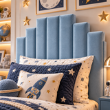 Kids Knight's Castle Divan Bed in Plush Velvet Sky Blue with Optional Side Drawers