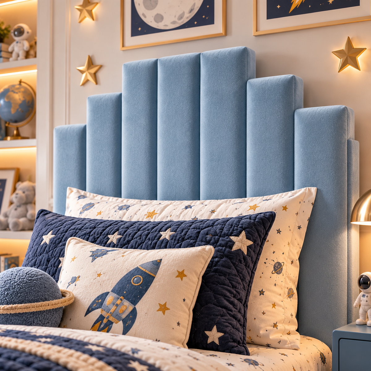 Kids Knight's Castle Divan Bed in Plush Velvet Sky Blue with Optional Side Drawers