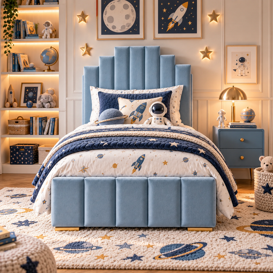 Kids Knight's Castle Divan Bed in Plush Velvet Sky Blue with Optional Side Drawers