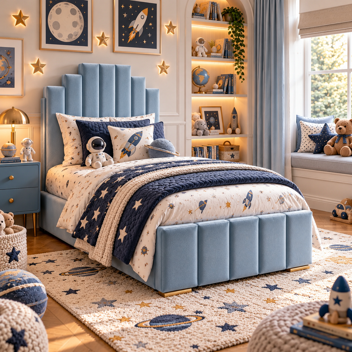 Kids Knight's Castle Divan Bed in Plush Velvet Sky Blue with Optional Side Drawers