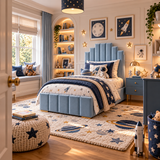 Kids Knight's Castle Divan Bed in Plush Velvet Sky Blue with Optional Side Drawers