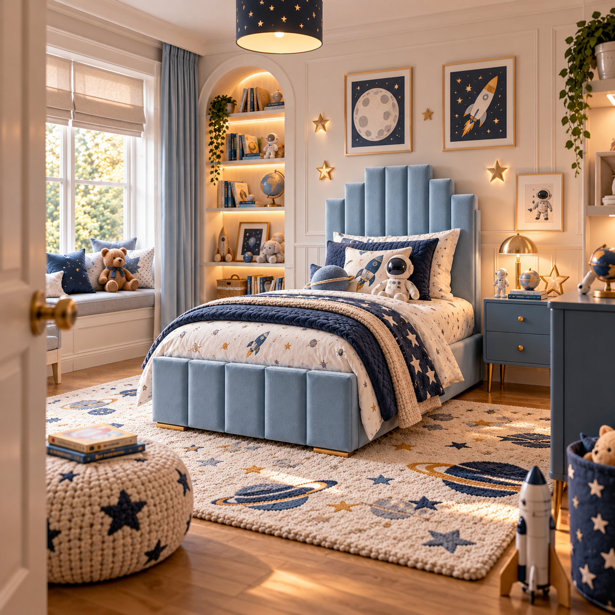 Kids Knight's Castle Divan Bed in Plush Velvet Sky Blue with Optional Side Drawers
