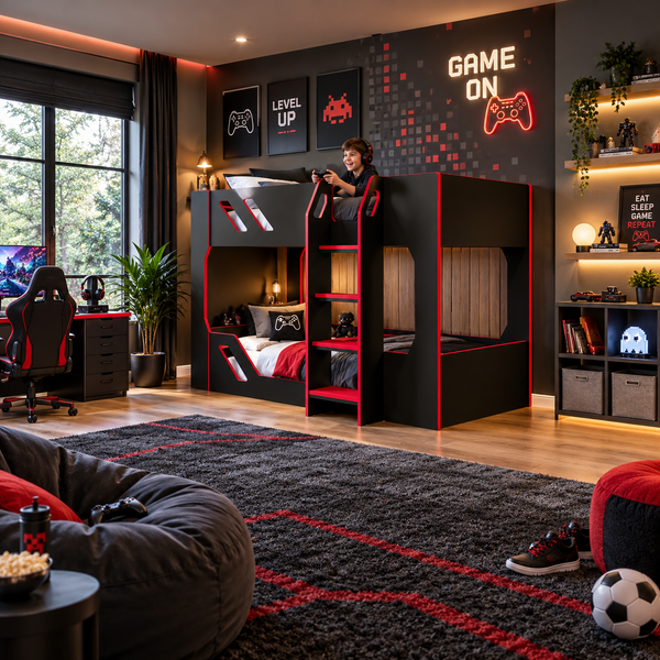 Black and Red Gaming Bunk Bed with High Guard Rails