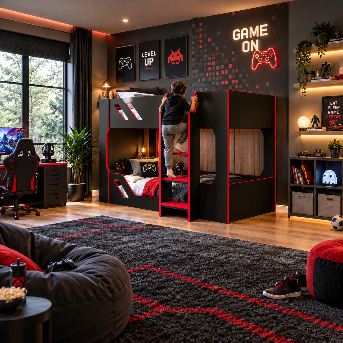 Black and Red Gaming Bunk Bed with High Guard Rails