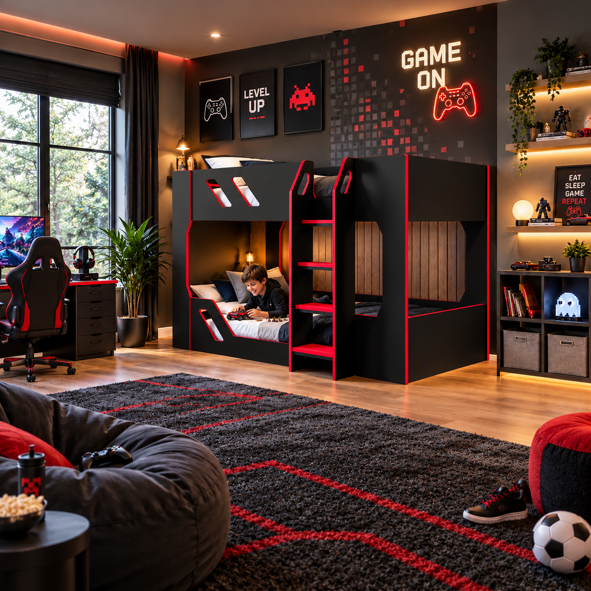 Black and Red Gaming Bunk Bed with High Guard Rails