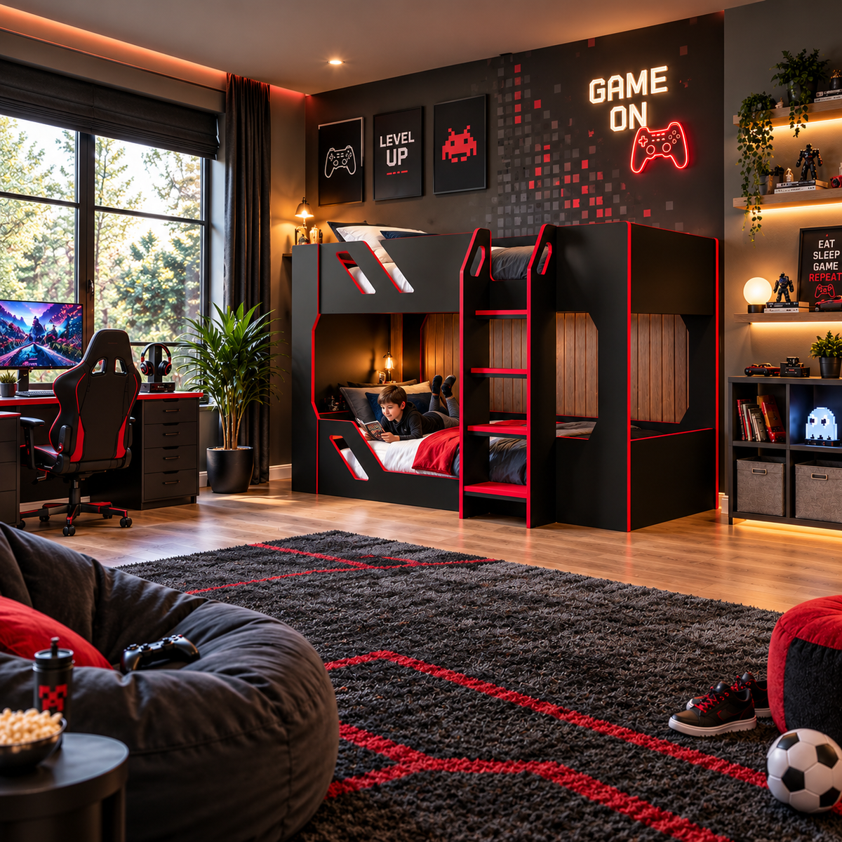 Black and Red Gaming Bunk Bed with High Guard Rails