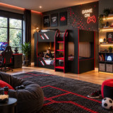 Black and Red Gaming Bunk Bed with High Guard Rails