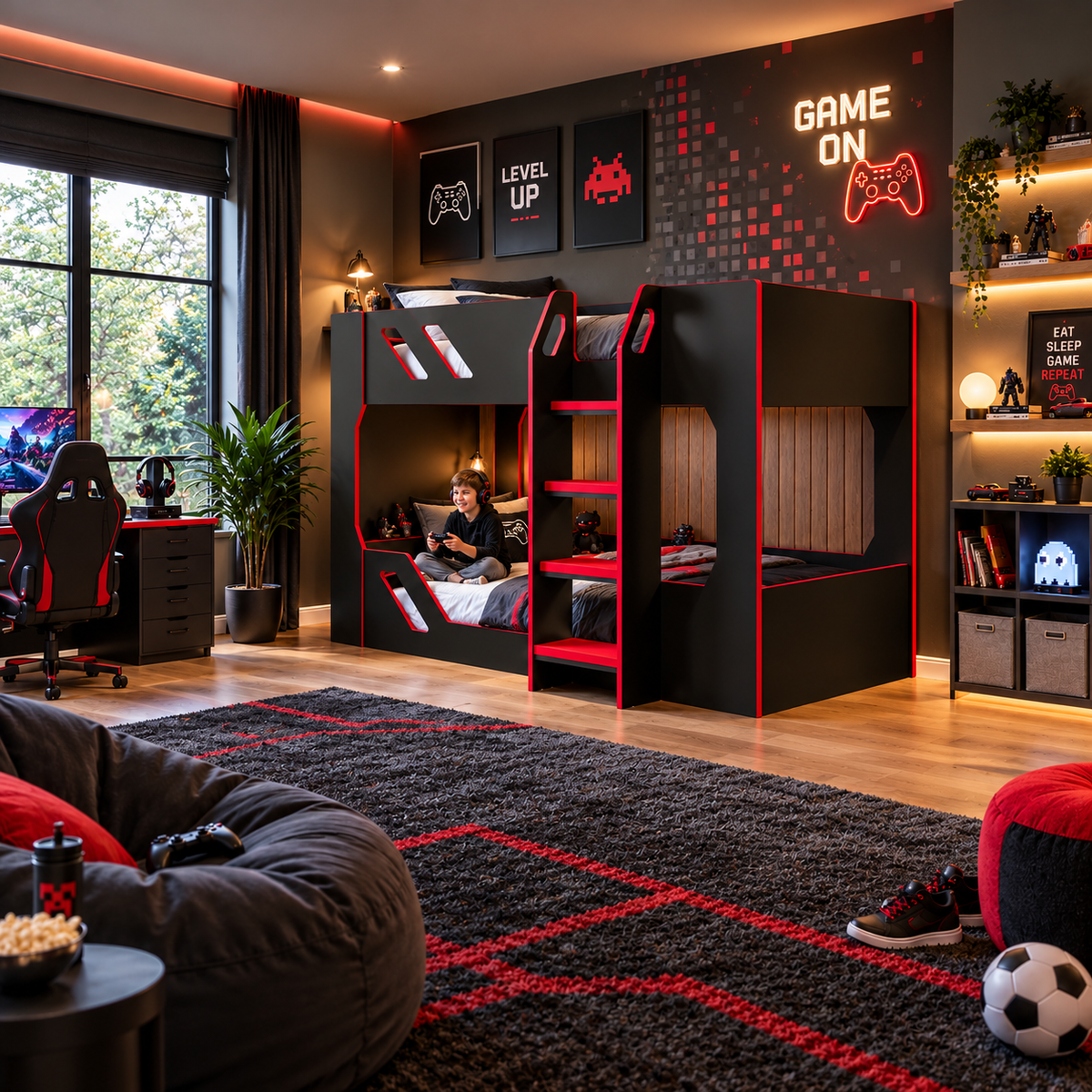 Black and Red Gaming Bunk Bed with High Guard Rails