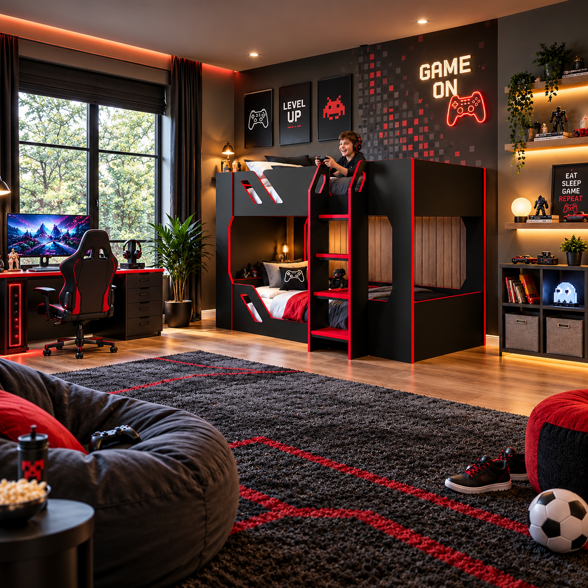 Black and Red Gaming Bunk Bed with High Guard Rails