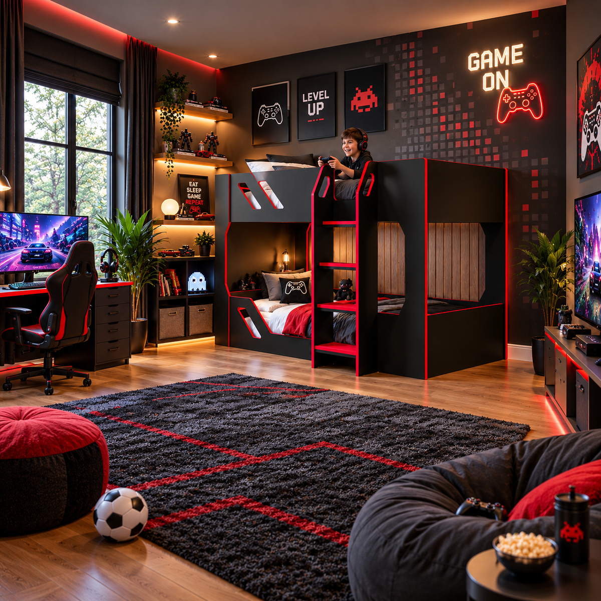 Black and Red Gaming Bunk Bed with High Guard Rails