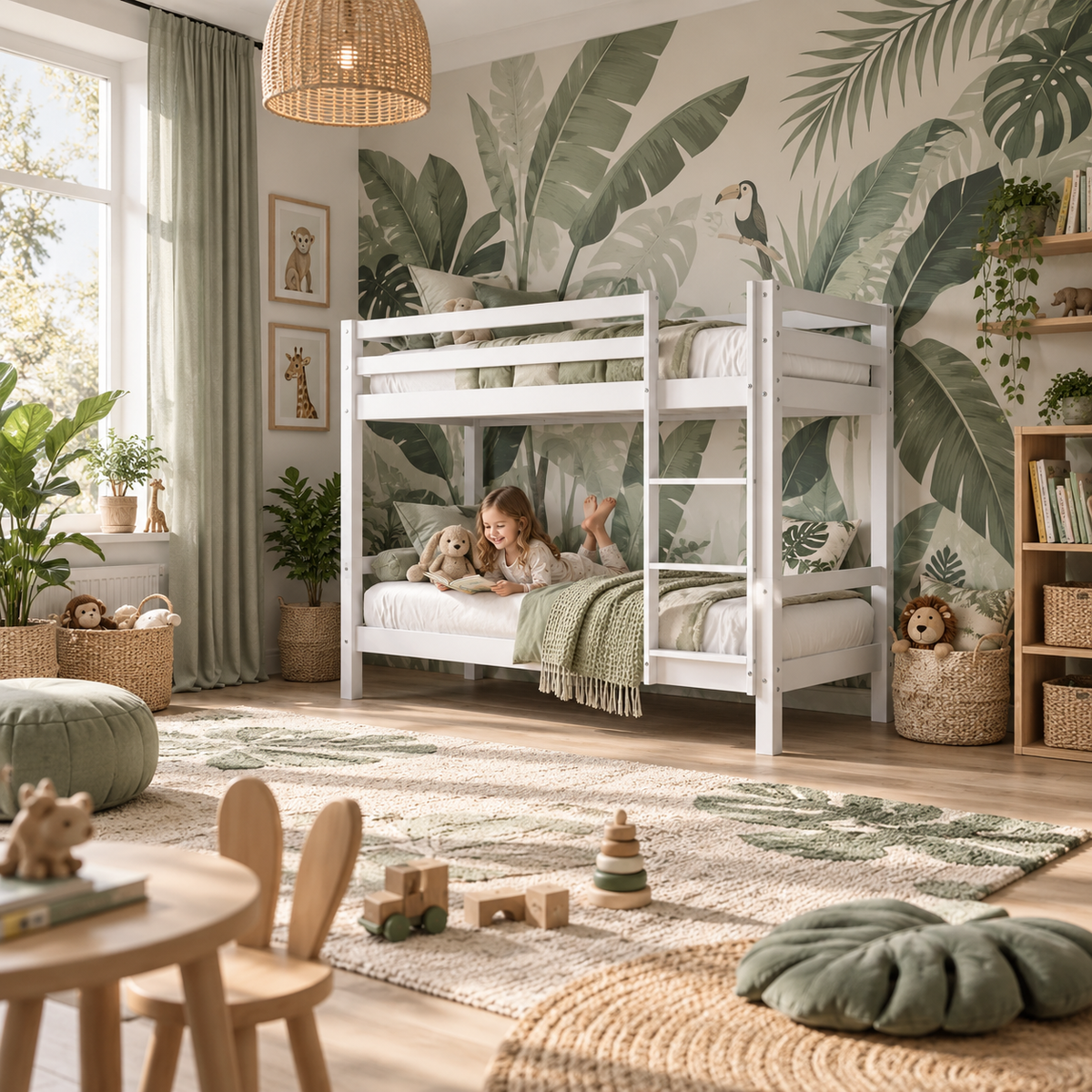 White Low Shorty Bunk Bed in Solid Pine with High Safety Rail