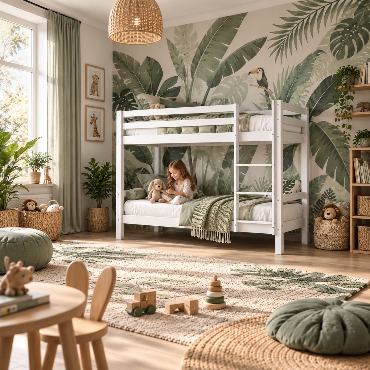 White Low Shorty Bunk Bed in Solid Pine with High Safety Rail