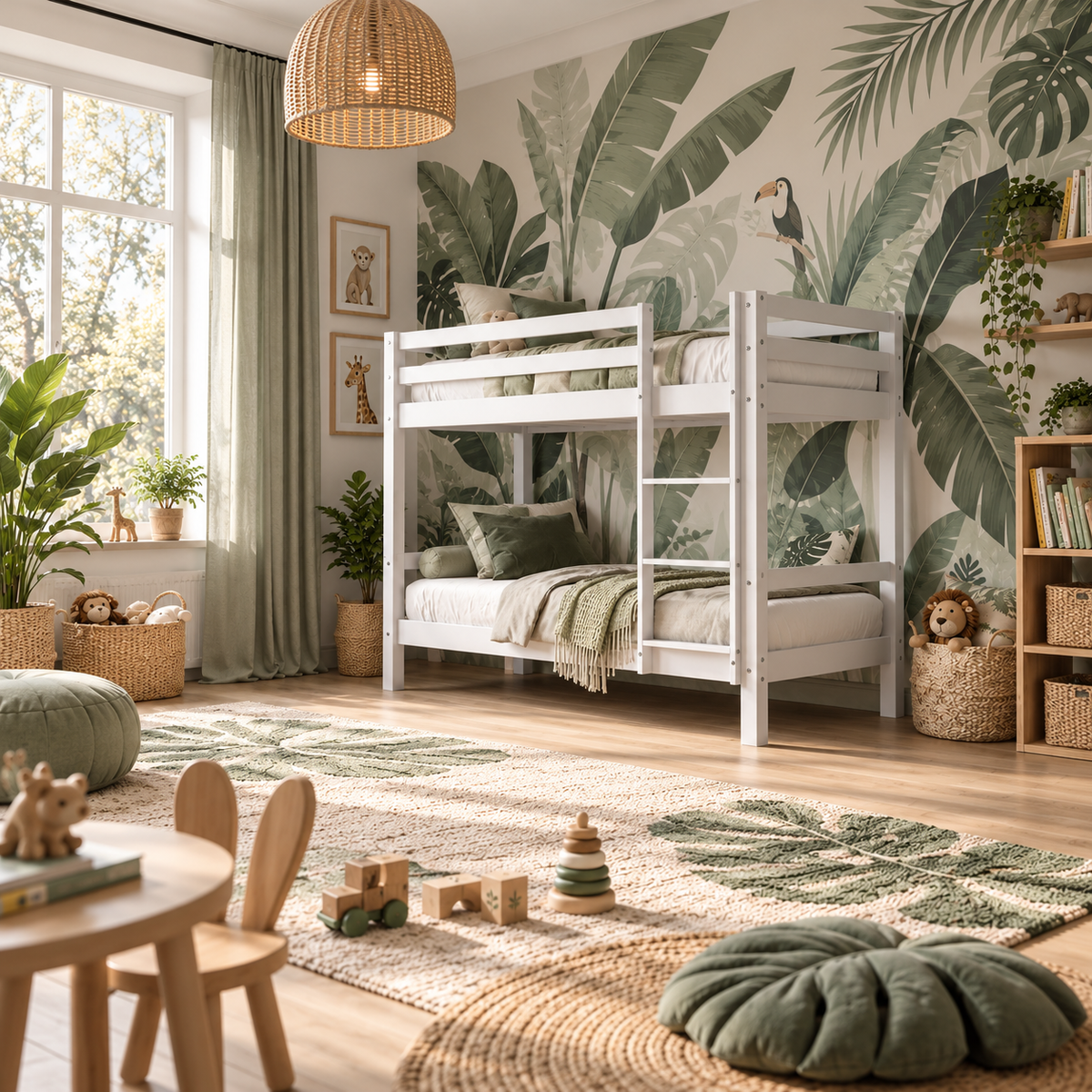 White Low Shorty Bunk Bed in Solid Pine with High Safety Rail