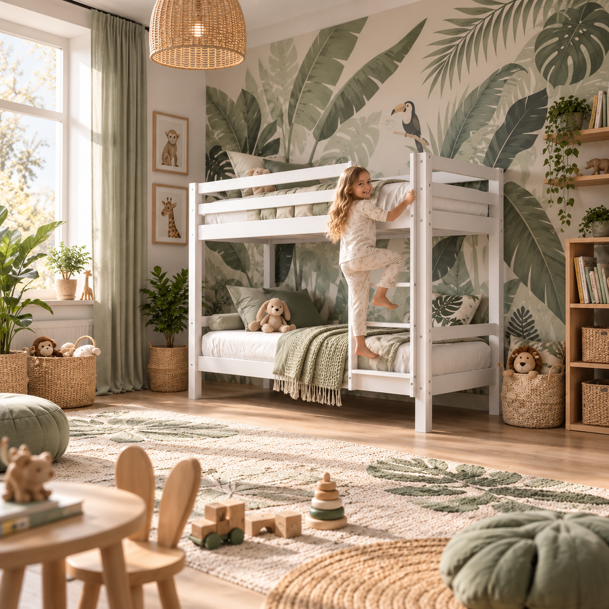 White Low Shorty Bunk Bed in Solid Pine with High Safety Rail