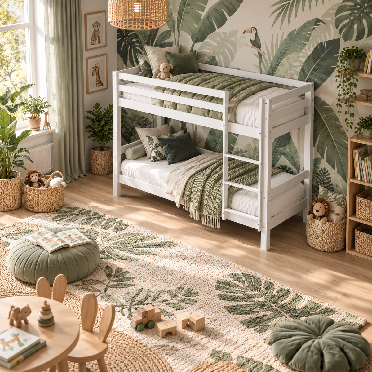 White Low Shorty Bunk Bed in Solid Pine with High Safety Rail