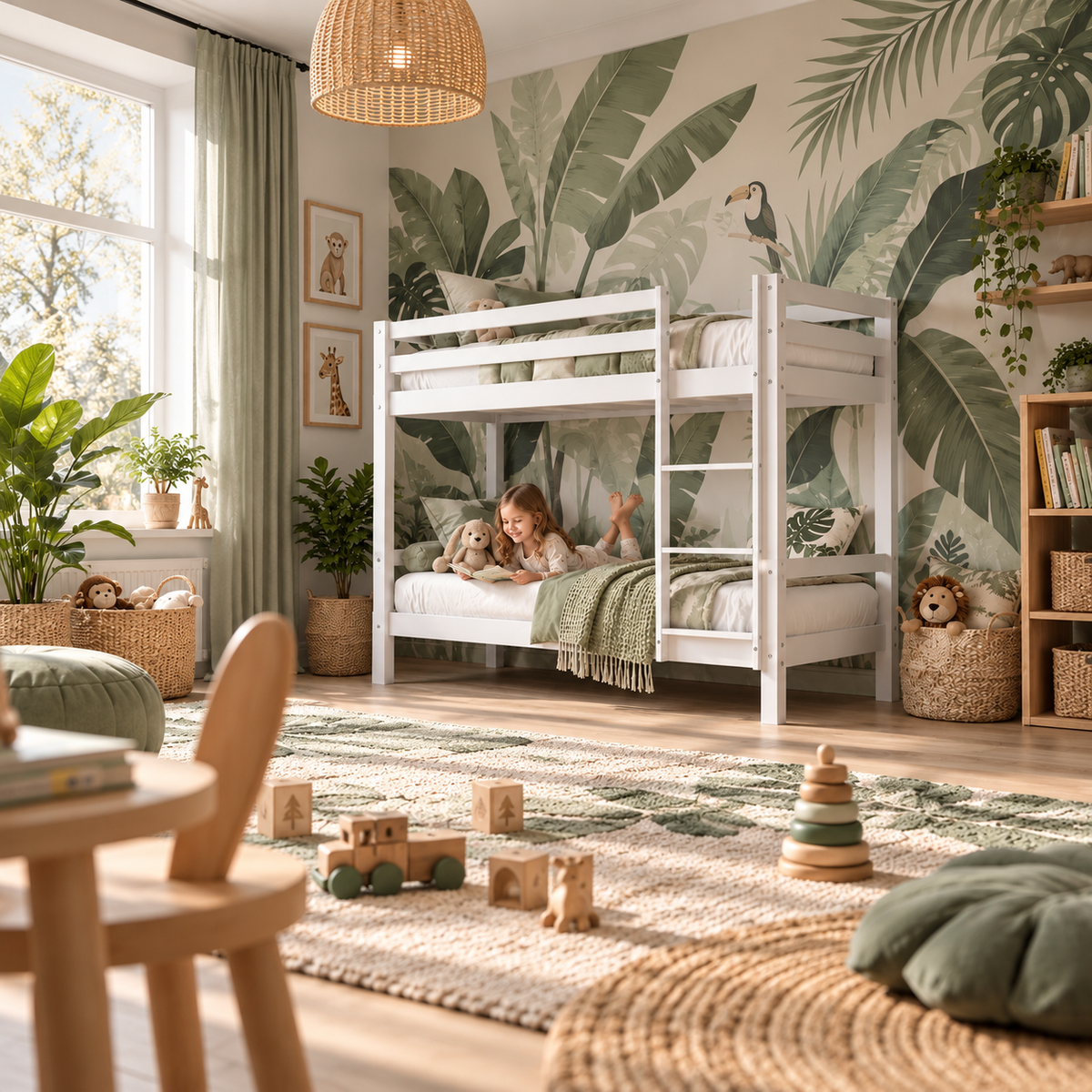 White Low Shorty Bunk Bed in Solid Pine with High Safety Rail