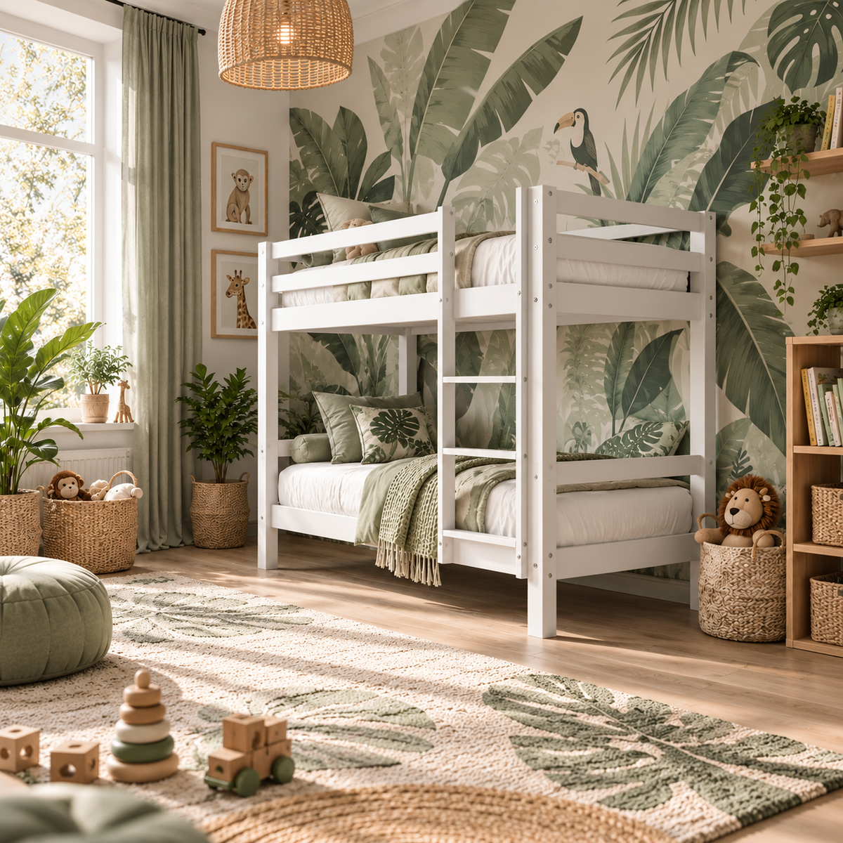 White Low Shorty Bunk Bed in Solid Pine with High Safety Rail