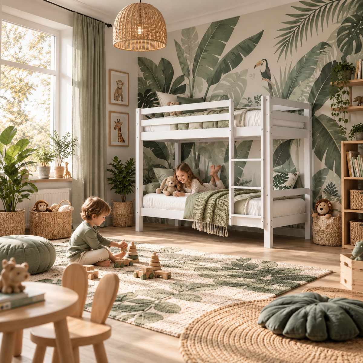 White Low Shorty Bunk Bed in Solid Pine with High Safety Rail