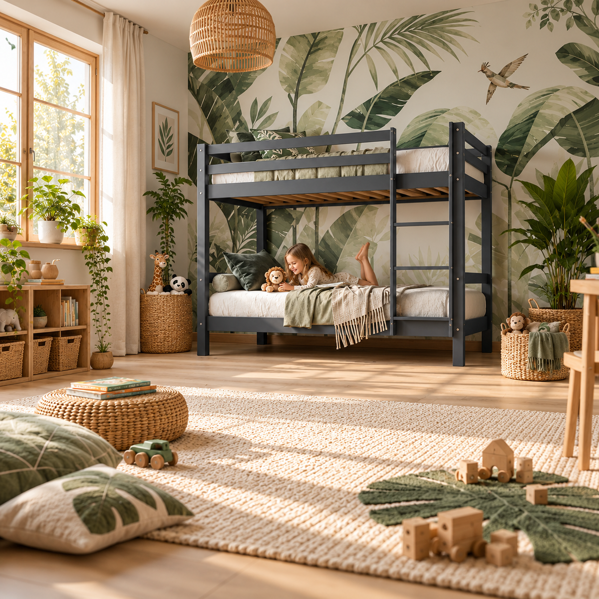 Grey Low Shorty Bunk Bed in Solid Pine with High Safety Rail