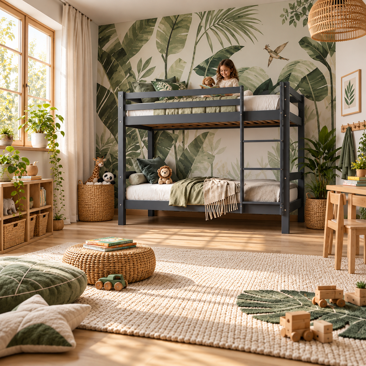 Grey Low Shorty Bunk Bed in Solid Pine with High Safety Rail