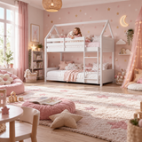 White Wooden House Bunk Bed with Play House Frame