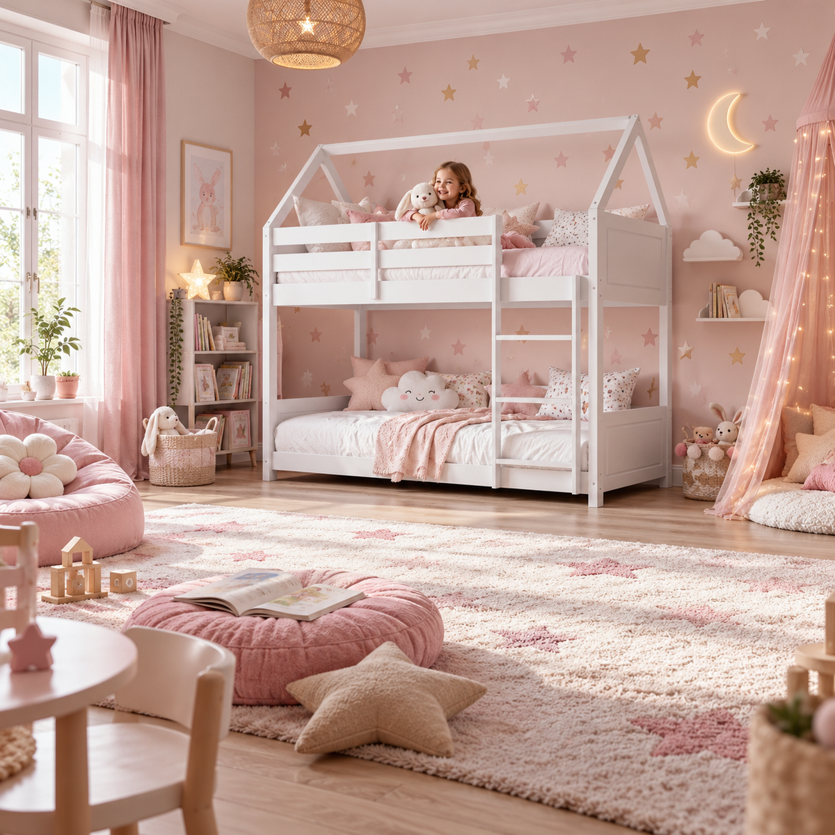 White Wooden House Bunk Bed with Play House Frame
