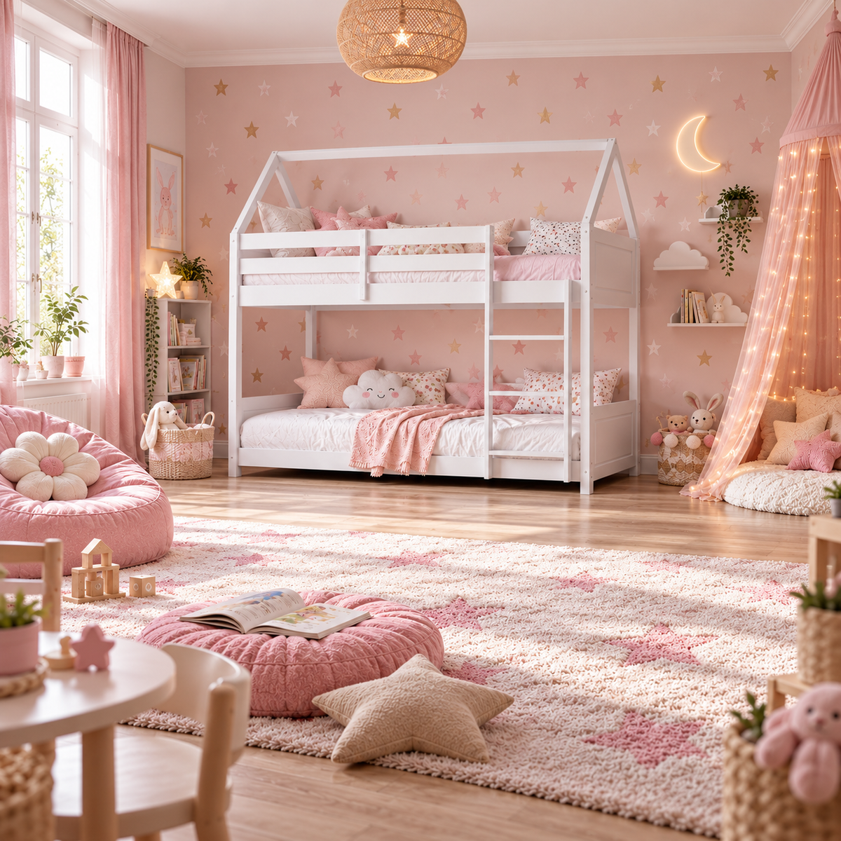 White Wooden House Bunk Bed with Play House Frame